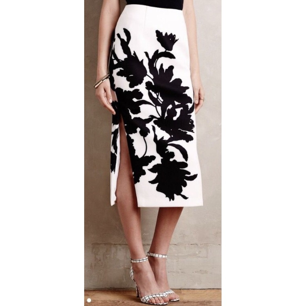C/MEO Collective NEW Womens Ivory Black Floral Side Slit Pencil Midi Skirt S